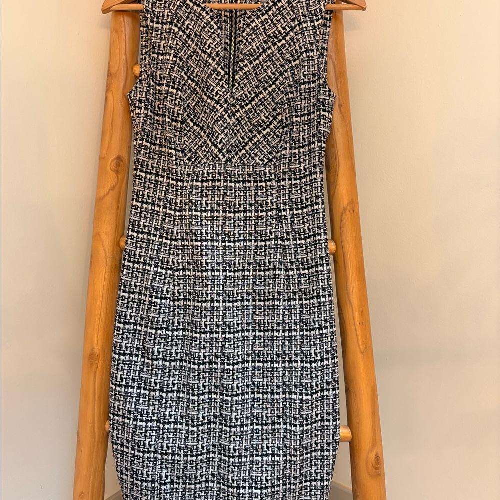 Calvin Klein Black and White Tweed Midi Sheath Dress